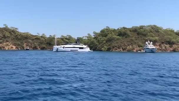 Luxury Sailing Yacht Sails Sea Bay Private Boat Sailing Mid — Vídeo de Stock