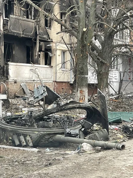 Zerstörte Russische Panzer Der Ukraine Nach Einer Militärischen Schlacht Explodierten Stockbild