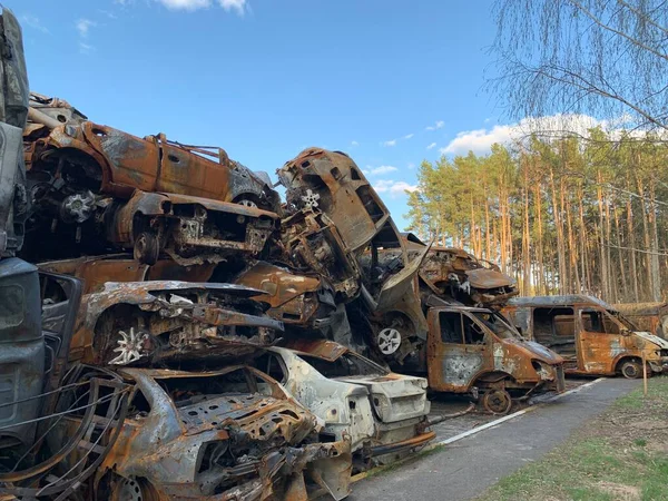 Burnt Blown Car Cars Damaged Shelling Traces Shots Body Car — стоковое фото