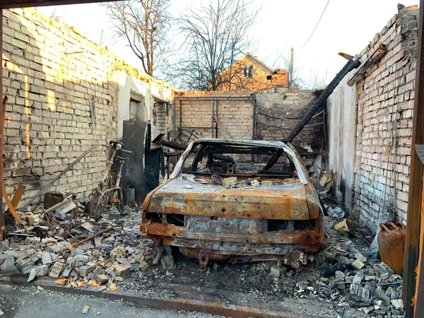 Burnt Blown Car Cars Damaged Shelling Traces Shots Body Car — Stock Photo, Image