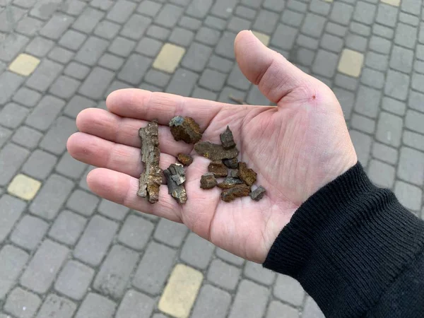 Shrapnel Mine Hand Fragments Exploding Bomb Parts High Explosive Artillery — Fotografia de Stock