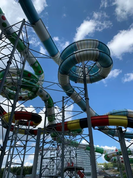 Water Park Slides Blue Sky Summer Amusement Park Water Attraction — ストック写真