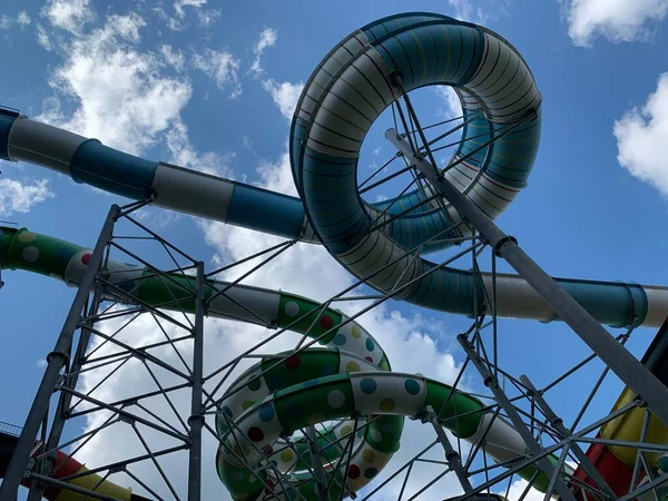 Water Park Slides Blue Sky Summer Amusement Park Water Attraction — 스톡 사진