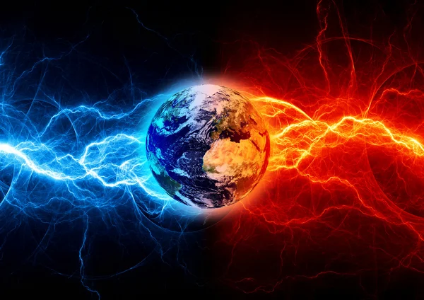 Earth between fire an ice lightning. Earth apocalypse concept. — Stock Photo, Image