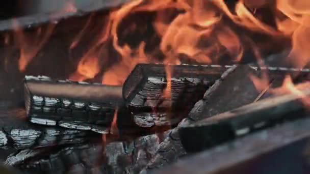 불이타고 바비큐 그릴에서 석탄이 클로즈업한 때때로 연기를 수있습니다 — 비디오