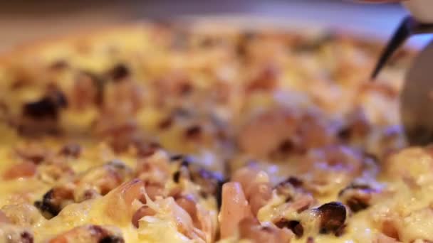 Különleges Pizzakés Darabokra Vágja Pizzát Szalonnával Sajttal Megsütve Közelről — Stock videók