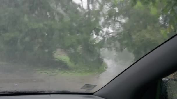 Yağmur Damlaları Arabanın Camından Aşağı Akıyor Arabadan Yağmura Olan Manzara — Stok video