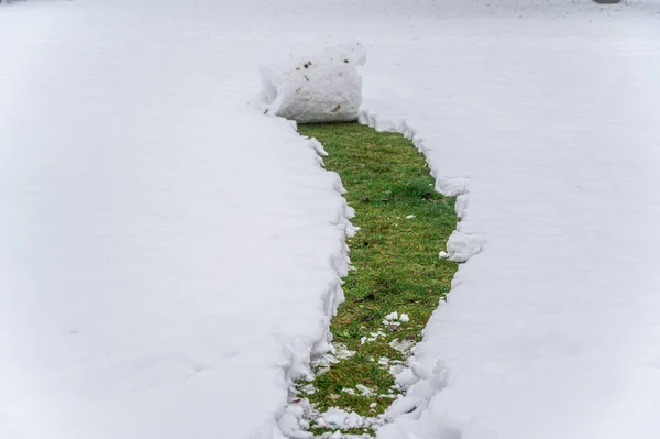 Снежный Ком Снеговика Улице Зимой Зеленая Трава Снегом — стоковое фото
