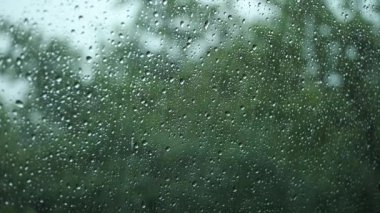 Camdaki su damlacıklarına yakın çekim. Yağmur damlaları akıyor