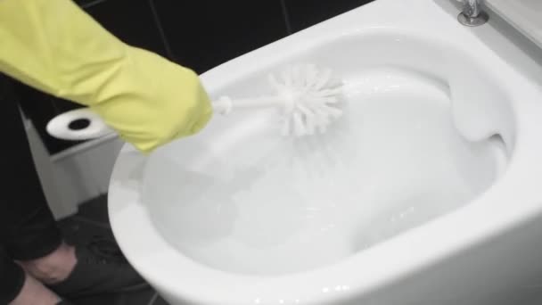 Dona Casa Limpar Vaso Sanitário Com Uma Escova Detergentes Mãos — Vídeo de Stock