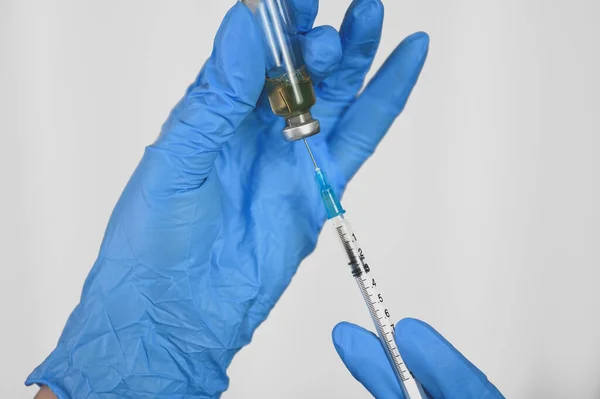 Doctor Hands Blue Gloves Hold Syringe Vaccine Concept Immunization — Stock Photo, Image