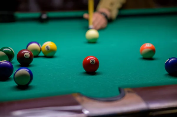 Ball Number Which Cue Ball Aiming Man Plays Billiards Bar — Stock Photo, Image