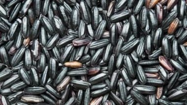 Masadaki dağınık kabuklu siyah glutinous pirincin üst görüntüsü. soyut gıda arkaplanı.