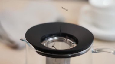 Kurutulmuş çay yapraklarını cam bir çaydanlığa döküyorlar. kavanoza yakın çekim.