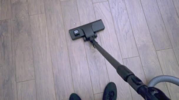 Pov Woman Vacuuming Floor Vacuum Cleaner Wooden Floor — Stock Video