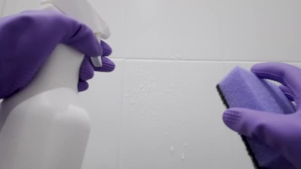 Cleaner Washes Tiled Wall Bathroom First Person View Pov — Vídeo de Stock