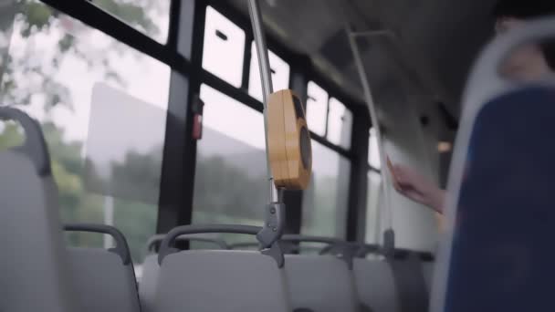 Woman Pays Contactless Bank Card Public Transport Tram Bus — Stok video