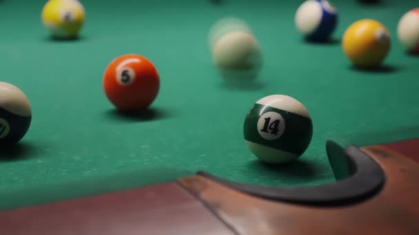 Balls Fall Pockets Pool Table Being Hit Player — Vídeos de Stock