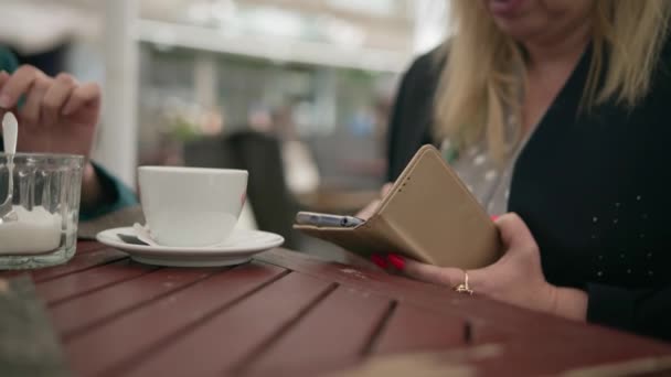 Woman Hand Using Smartphone Wooden Table Cafe — Vídeos de Stock