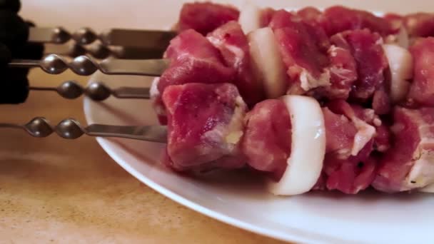 Skewers Pieces Raw Meat Onions Seasoned Coarse Salt Olive Oil — Stockvideo