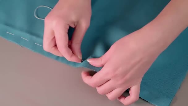 Top View Female Hands Stitching Fabric Needle Seamstress Workplace — Αρχείο Βίντεο