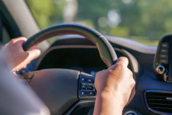 Man Driving Car Firmly Holds Steering Wheel His Hands Driving — Stockfoto