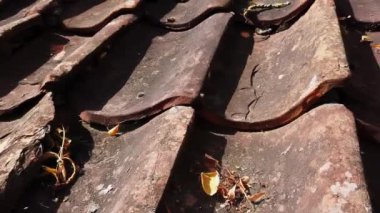 Close-up of orange grunge clay roof tiles at old home. ancient roof.