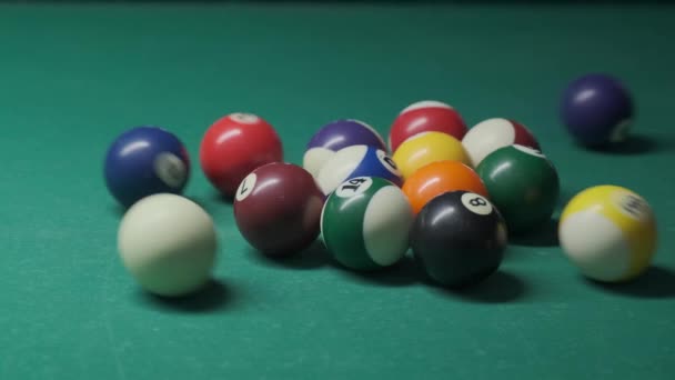 Cue Ball Breaks Stacked Balls Game American Pool — стокове відео