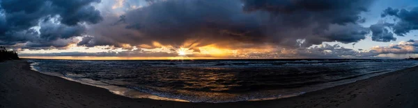 Dramatic Sunset Nature Background Sunset Sea Coast Panoramic Seascape Golden — Stock Photo, Image