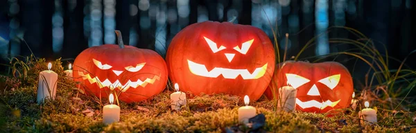 Panorama Halloween Calabaza Cabeza Jack Linternas Con Velas Ardientes Bosque —  Fotos de Stock