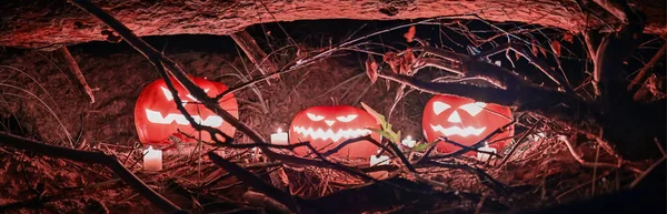 Panoráma Halloween Tökfejek Körülvéve Égő Gyertyák Száraz Ágak Ijesztő Mély — Stock Fotó