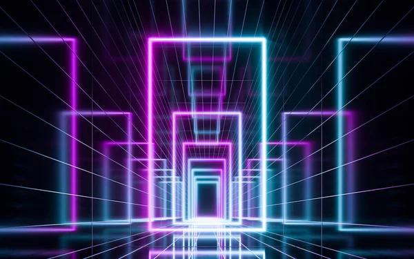 Futurystyczny Korytarz Światłami Neonowymi Renderowanie — Zdjęcie stockowe