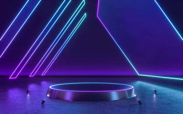Empty Stage Display With Neon  Light. Futuristic scene. 3d rendering