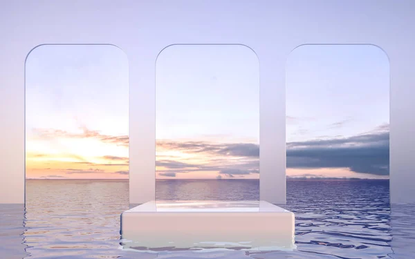 ガラス壁で水に3Dレンダリング表彰台 プロダクトショーケースバナー ソーシャルメディアバナー プロモーション 化粧品製品ショーのための最小景観モックアップ — ストック写真