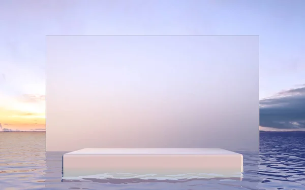 Визуализировать Подиум Воде Стеклянной Стеной Минимальный Ландшафтный Макет Рекламного Баннера — стоковое фото