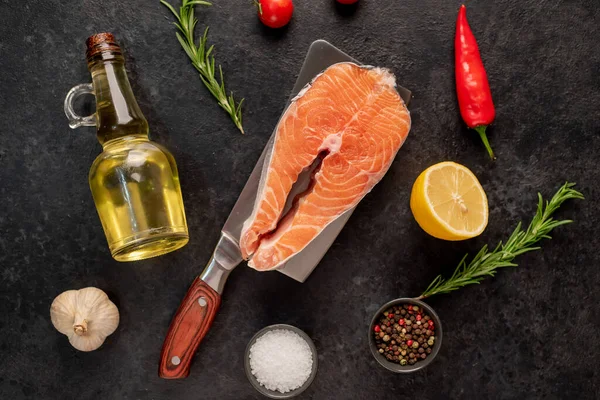 Raw Salmon Fillet Spices Herbs Black Stone Background Top View — Stock Photo, Image