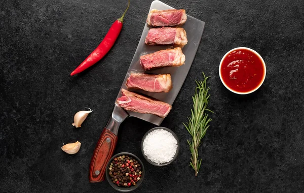 Grilled Sliced Beef Steak Butcher Cleaver — Stock Photo, Image