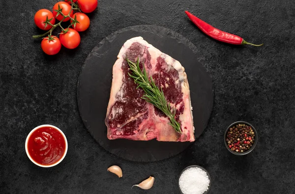 Raw Beef Bone Steak Spices Herbs Black Background — Stock Photo, Image