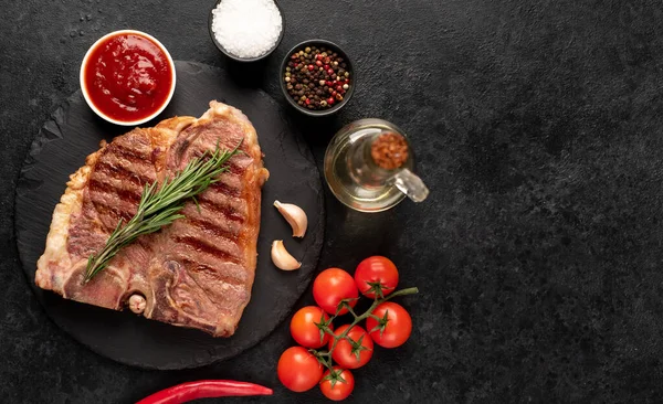 Grilled Beef Steak Rosemary Spices Black Background — Stock Photo, Image