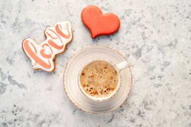 coffee cup and tasty shaped cookies. valentine's day