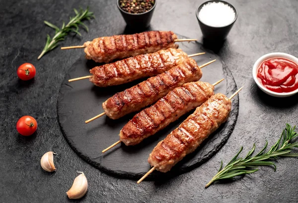 Grilled Meat Skewers Rosemary Top View — Stockfoto