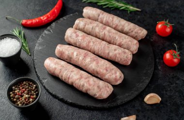 Siyah masadaki çiğ sosisleri kapatın. 