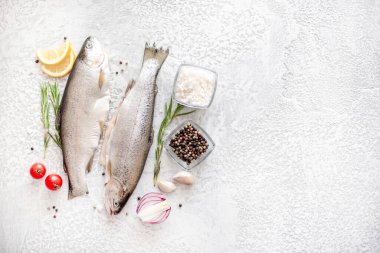 Koyu arkaplanda malzemeli çiğ alabalık.