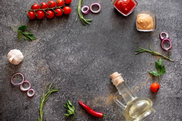 Gemüse Und Gewürze Auf Dunklem Hintergrund Draufsicht Freier Platz Für — Stockfoto