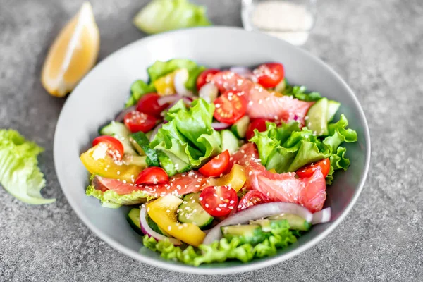 Healthy Salad Salmon Avocado Tomato Cucumber — Photo