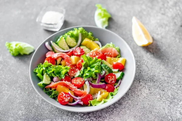 Healthy Salad Salmon Avocado Tomato Cucumber — Photo