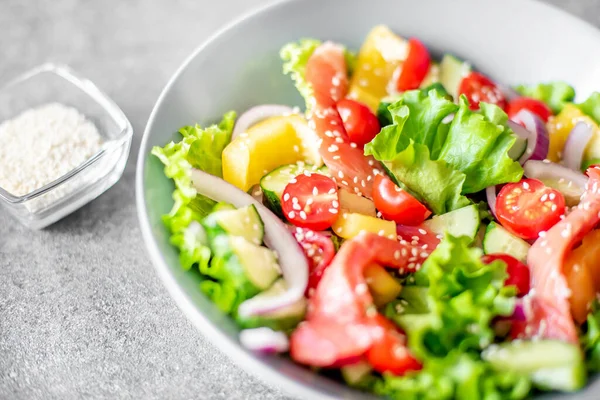 Healthy Salad Salmon Avocado Tomato Cucumber — Photo