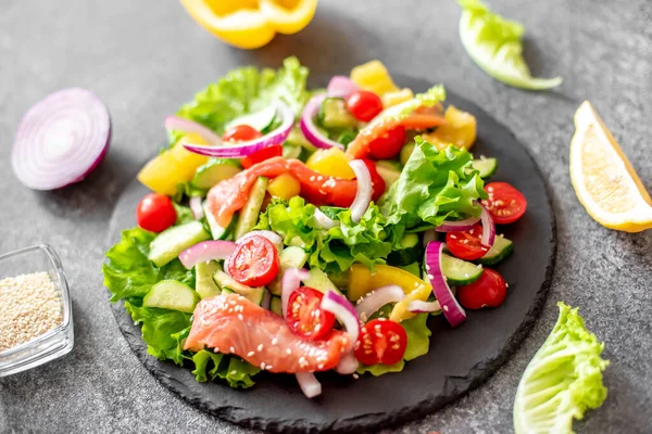 Healthy Salad Salmon Avocado Tomato Cucumber — Photo