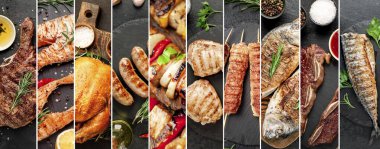 Fotoğraf kolajı. Taş zeminde barbekü menüsü. Biftek, deniz ürünleri, tavuk, et, sosis, barbekü