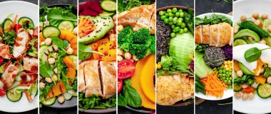 Sağlıklı yiyeceklerin kolajı. Buda kaseleri ve çeşitli sağlıklı yiyecekler.